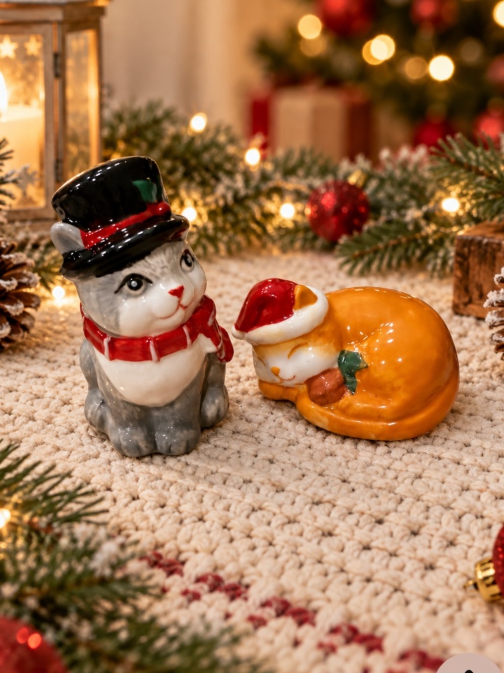Mini Cracker Barrel Gray and Orange Ceramic Holiday Cat Figurines